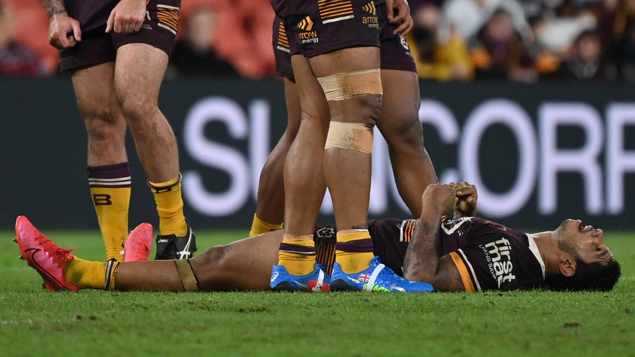 Bronco Albert Kelly was left injured by a Victor Radley tackle. Picture; NRL Images