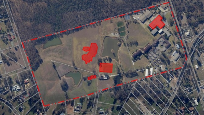 Aerial view of site showing proposed alterations shaded in red. A film studio, office building and a replica Biblical site are proposed at 12-14 Zouch Rd, Denham Court. Picture: Planning documents