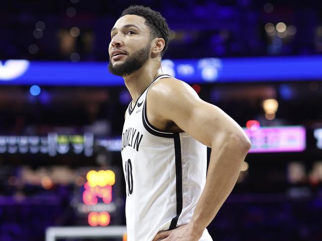 PHILADELPHIA, PENNSYLVANIA - JANUARY 25: Ben Simmons #10 of the Brooklyn Nets looks on during the first quarter against the Philadelphia 76ers at Wells Fargo Center on January 25, 2023 in Philadelphia, Pennsylvania. NOTE TO USER: User expressly acknowledges and agrees that, by downloading and or using this photograph, User is consenting to the terms and conditions of the Getty Images License Agreement. (Photo by Tim Nwachukwu/Getty Images)