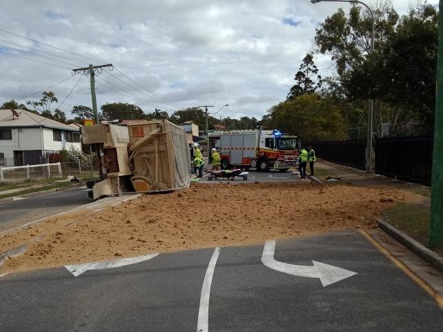 The scene of a truck rollover at Toolooa St and Derby St, Gladstone.