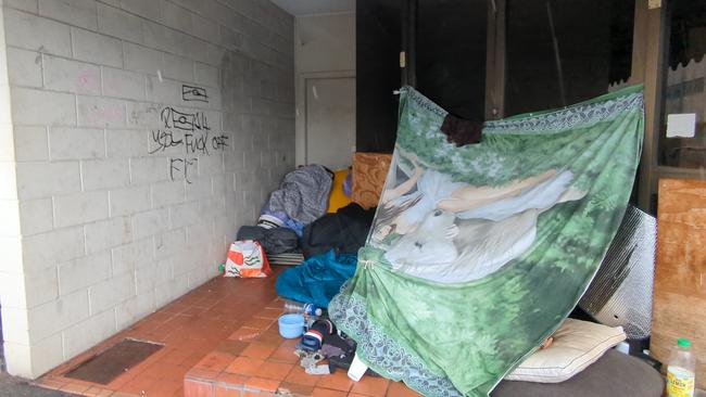 Homeless people in peril have taken to sleeping rough at a site barely one block away from the Ipswich Housing Service Centre. Picture: Nicola McNamara.