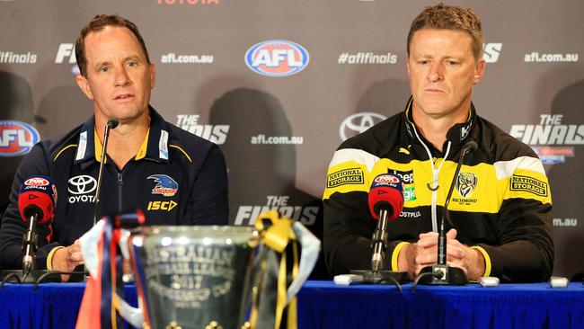 Don Pyke and Damien Hardwick sit side-by-side before the 2017 grand final. Picture: Mark Stewart.