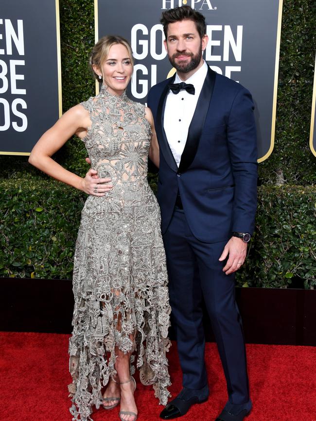 Emily Blunt, in custom Alexander McQueen, and John Krasinski. Picture: Getty Images 