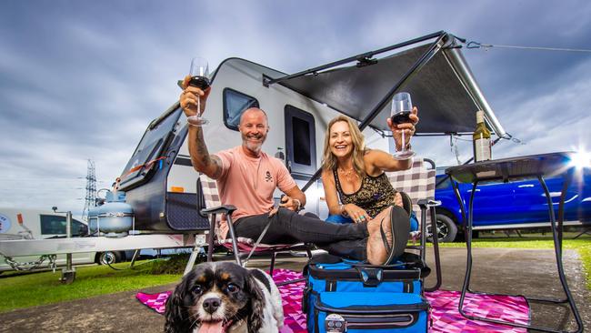 The Let’s Queensland Caravan and Camping Show is returning to Brisbane and is set to be the biggest show yet, with over 250 exhibitors. Chris Maujean and Miriam Mace with their Paw-Fect travel buddy Loki, who have travelled far and wide. Picture: Nigel Hallett