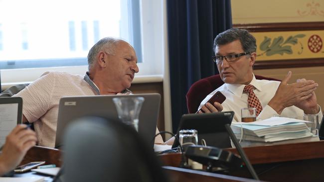 Aldermen Marti Zucco and Peter Sexton during the debate on building heights. Picture: LUKE BOWDEN