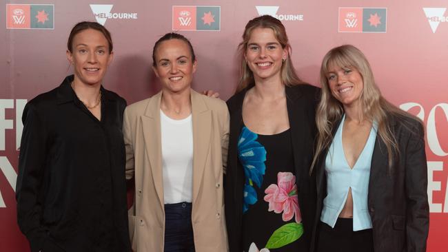 Emma Swanson, Daisy Pearce, Ella Roberts and Bella Lewis at Tuesday night’s season launch. Picture: Tony Gough