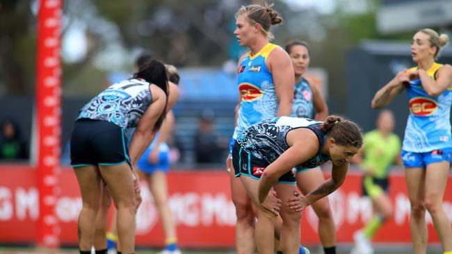 ADELAIDE, AUSTRALIA – OCTOBER 21: Abbey Dowrick of the Power reacts to the draw during the round eight AFLW match between Yartapuulti / Port Adelaide Power and Gold Coast Suns at Alberton Oval, on October 21, 2023, in Adelaide, Australia. (Photo by Kelly Barnes/AFL Photos/via Getty Images)