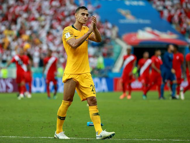 SoccerooÕs Trent Sainsbury applauds the supports after their 2-0 loss in the Socceroos v Peru match at Fisht Stadium in Sochi during the 2018 World Cup in Russia. Picture: Toby Zerna