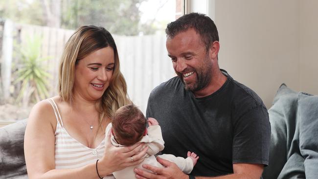 Kylie and Geoff Young, have a 4 week old baby boy named Bowie through IVF. Picture: Alan Barber