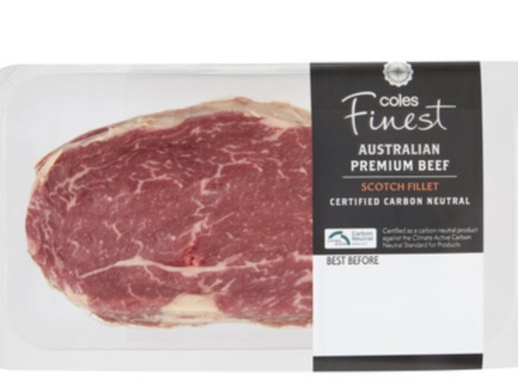 Coles Finest Carbon Neutral brand certified scotch fillet steak: $58.67 per kg