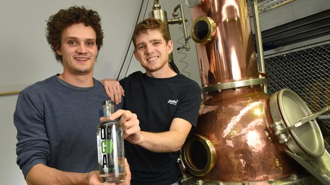 On a winner: Darcy Kennedy and Felix Richartz with their award-winning Original Classic Dry and German-manufactured still. Picture: AAP