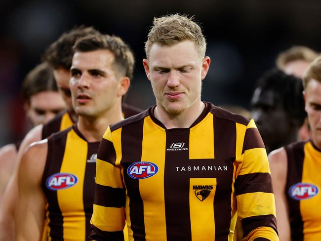 MELBOURNE - APRIL 10: James Sicily of the Hawks looks dejected after a loss during the 2023 AFL Round 04 match between the Geelong Cats and the Hawthorn Hawks at the Melbourne Cricket Ground on April 10, 2023 in Melbourne, Australia. (Photo by Dylan Burns/AFL Photos via Getty Images)