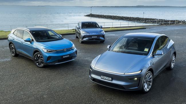 2025 Tesla Model Y, BYD Sealion 7 and Volkswagen ID. 4 Pro. Picture: Mark Bean