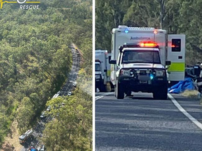 A nine-year-old girl remains fighting for life at the Queensland Childrens Hospital following a shocking head-on crash near Gin Gin on Tuesday, May 15, 2024, which killed a 32-year-old-woman who was driving the car they were in. Pictures: RACQ LifeFlight