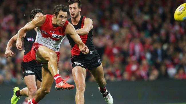 Josh Kennedy kicks the Swans into attack. Picture: Phil Hillyard