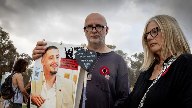 Tribe of Nova Festival memorial at Re’im memorial forest. The parents of Jake Marlowe, Michael and Lisa, who travelled from the UK. Picture: Liam Mendes