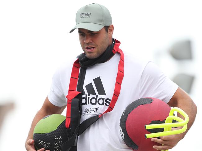 Cronulla Wade Graham takes home some gym equipment from the club. Picture: Brett Costello