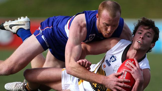 Xavier Murphy, pictured playing for Box Hill last season, booted three goals for De La Salle on Saturday. Picture: Mark Dadswell