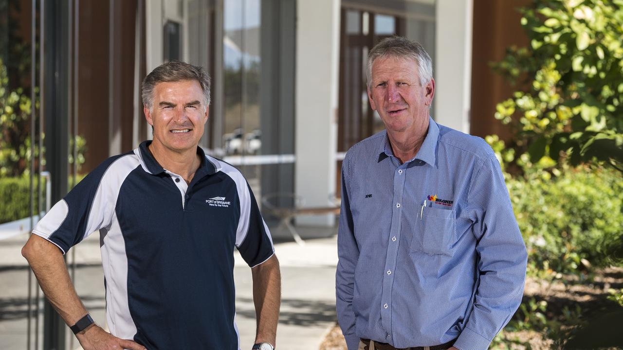 Port of Brisbane CEO Ray Cummins (left) meets with Wagner Corporation director Denis Wagner at Wellcamp Airport. Picture: Kevin Farmer