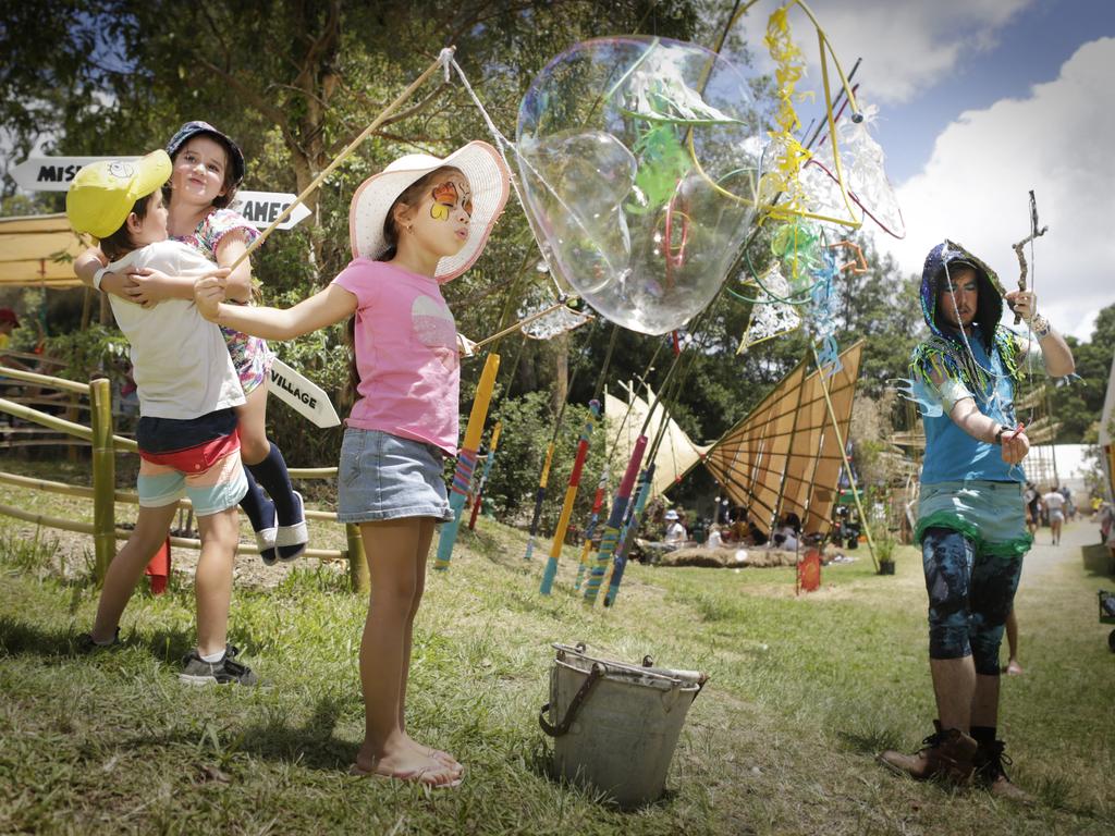 Maddie Nicholls, 4, and brother Aidan Robson, 7, with Evelyn Waskow, 5, and Max Heers at the Woodford Folk Festival. Picture: Megan Slade/AAP