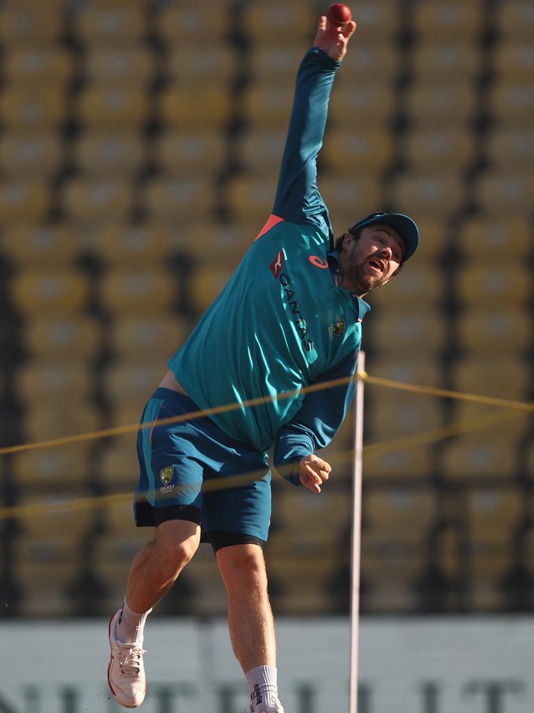 Travis Head bowls prior to day two in Nagpur.