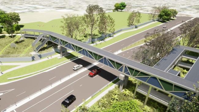 North western aerial view of Elizabeth Avenue, Clontarf, construct active transport overpass - Queensland Department of Transports and Main Roads.