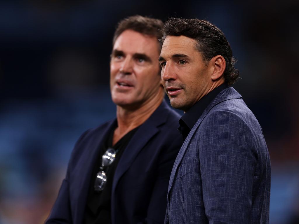 NSW Blues State of Origin coach Brad Fittler speaks to Queensland Maroons State of Origin coach Billy Slater during the warm-up before the 2023 decider. Picture: Getty Images