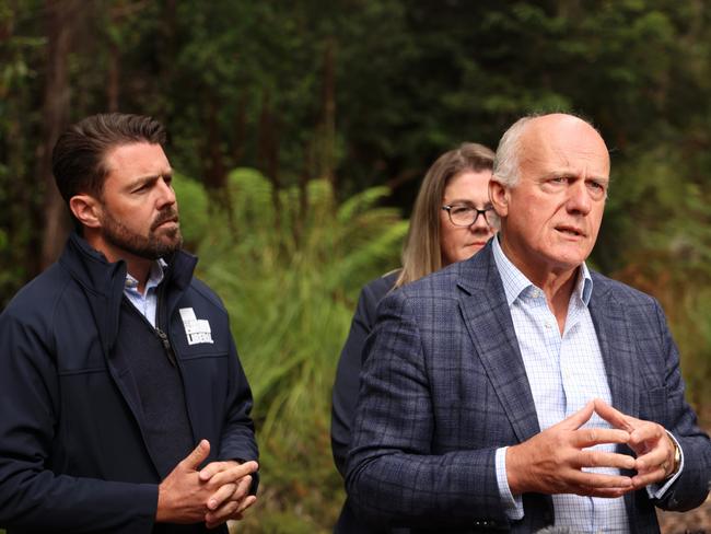 Liberal Senator Jonno Duniam, state minister Eric Abetz and Australian Forest Products Association chief executive Di Hallam at Lonnavale on Thursday, January 23, 2025.