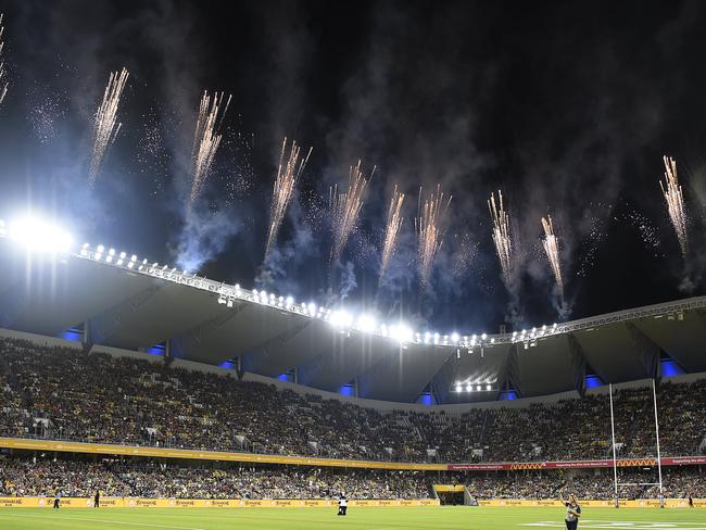 TOWNSVILLE, AUSTRALIA - MARCH 13: A general view of the fireworks before the start of  the round 1 NRL match between the North Queensland Cowboys and the Brisbane Broncos at  Queensland Country Bank  Stadium on March 13, 2020 in Townsville, Australia. (Photo by Ian Hitchcock/Getty Images)