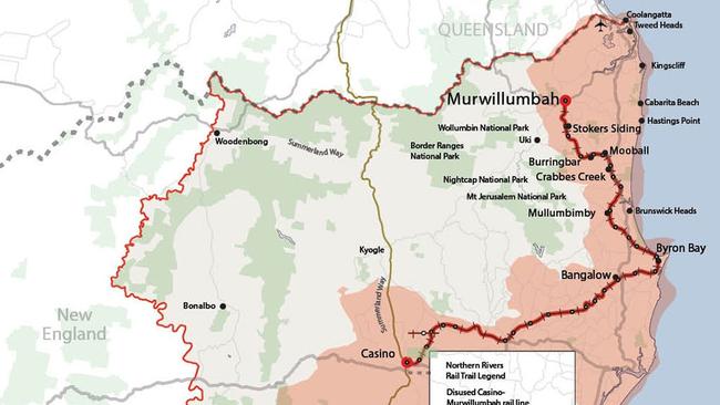 RAIL TRAIL: A map showing the Northern Rivers Rail Trail; which supporters say will be an economic boon foe the region.