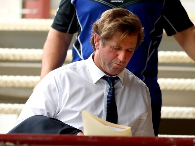 Coach Des Hasler walks down the back stairs after the loss in  the round 4 NRL game between the Manly Sea Eagles and the Canterbury Bankstown Bulldogs at Lootoland , Brookvale . Picture : Gregg Porteous