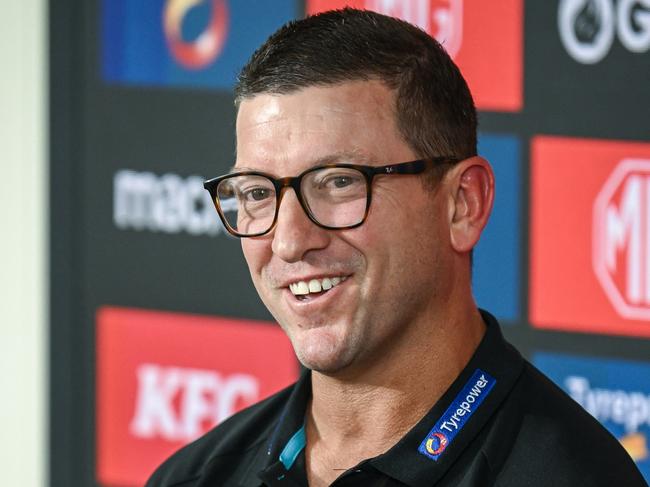 ADELAIDE, AUSTRALIA – FEBRUARY 12: Josh Carr senior assistant coach of Port Adelaide speaks to the media during a Port Adelaide Power AFL press conference at Alberton Oval on February 12, 2025 in Adelaide, Australia. (Photo by Mark Brake/Getty Images)