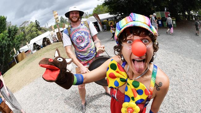 2019: Out and about at the Woodford Folk Festival are Carolina Moretzsohn (front) and Amar Giri. Photo Patrick Woods / Sunshine Coast Daily.