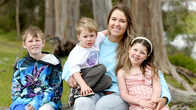 Childhood dementia advocate Renee Staska with children Hudson (left), Holly and Austin. Picture: Naomi Jellicoe