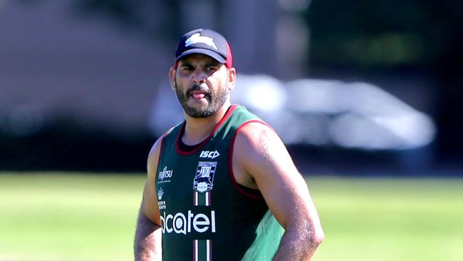 Greg Inglis watches Souths Sydney football players in a hybrid game of ? Againt Port Adelaide at Redfern oval .pic John Grainger