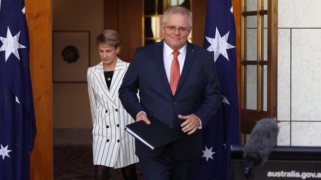 Prime Minister Scott Morrison making the announcement with Senator Michaelia Cash. Picture: NCA NewsWire/Gary Ramage