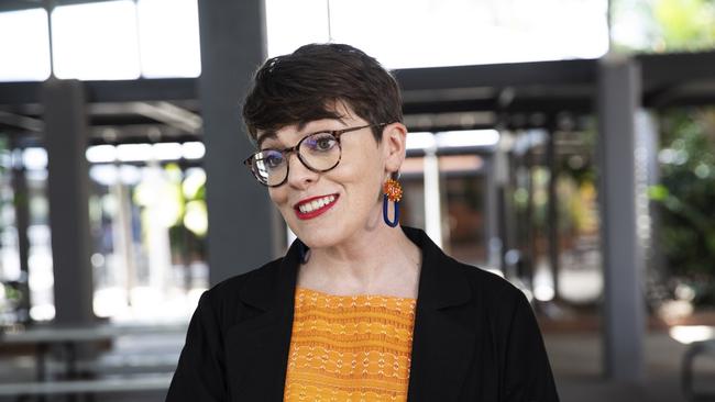 Greens Candidate for South Brisbane Amy MacMahon seen at the Brisbane State High School polling booth. Brisbane State High School, 158 Vulture St, South Brisbane, Brisbane, 31st of October 2020. (News Corp/Attila Csaszar)