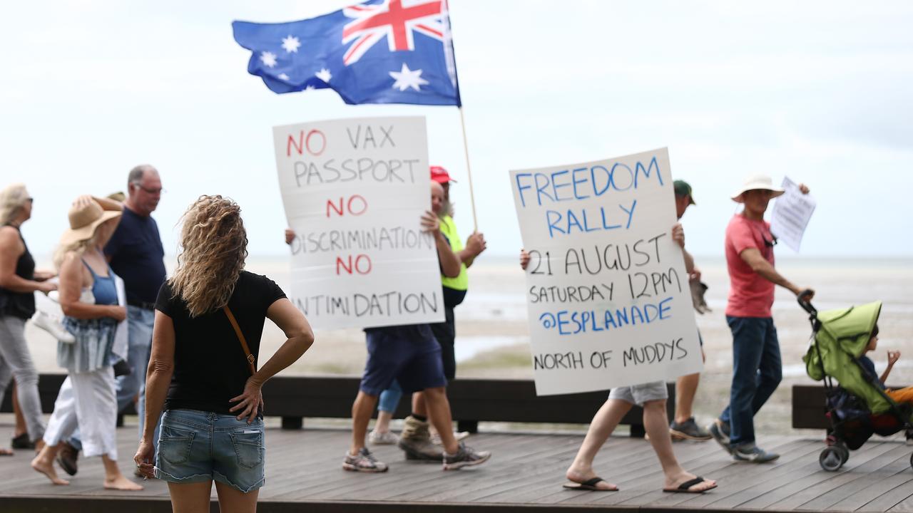 Hundreds of Far North Queensland residents attended the Freedom Rally held noth of Muddy's Playground, before marching down the Cairns Esplanade. PICTURE: Brendan Radke