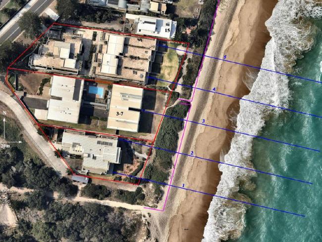 Before: An aerial image of properties at 1-13 Hutton Rd, The Entrance North, on December 18, 2019, showing vegetation extending well past their boundaries (in red). Picture: supplied