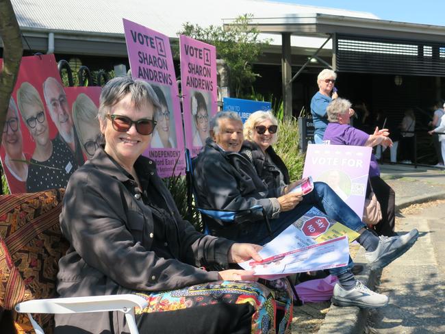 Helen Polkinghorne handing out flyers for Labor at the Erina Community Centre during the 2024 Local Government elections. Picture: NewsLocal