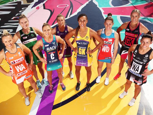 SYDNEY, AUSTRALIA - APRIL 23:  Captains (L-R) Kimberlee Green of Giants Netball, Courtney Bruce of the West Coast Fever, Kate Maloney of the Melbourne Vixens, Gabi Simpson of the Queensland Firebirds, Geva Mentor of the Sunshine Coast Lightning, Abbey McCulloch of the NSW Swifts, Leana de Bruin of the Adelaide Thunderbirds and Madison Robinson of Magpies Netball pose during the Suncorp Super Netball 2018 season launch on April 23, 2018 in Sydney, Australia.  (Photo by Matt King/Getty Images)