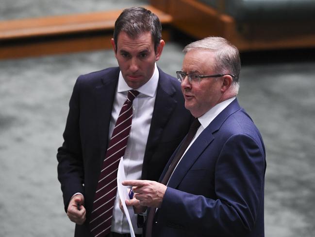 Anthony Albanese speaks to Jim Chalmers during debate on the 'Tax Relief So Working Australians Keep More Of Their Money' bill in the House of Representatives. Picture: AAP