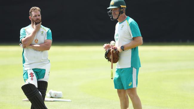 Aaron Finch chats to Andrew McDonald ahead of training in Sydney.