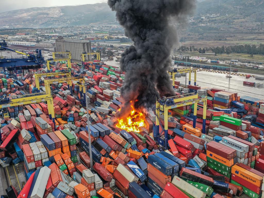 Overturned containers in Turkey's Kahramanmaras. Picture: Getty