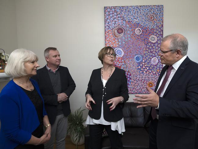 (L-R) CEO National Mental Health Commission Christine Morgan, Mental Health Minister Jeremy Rockliff, Psychology Cafe owner and psychologist Tracey Martin- Cole and Prime Minister Scott Morrison during a visit to the Psychology Cafe at Latrobe. PICTURE CHRIS KIDD