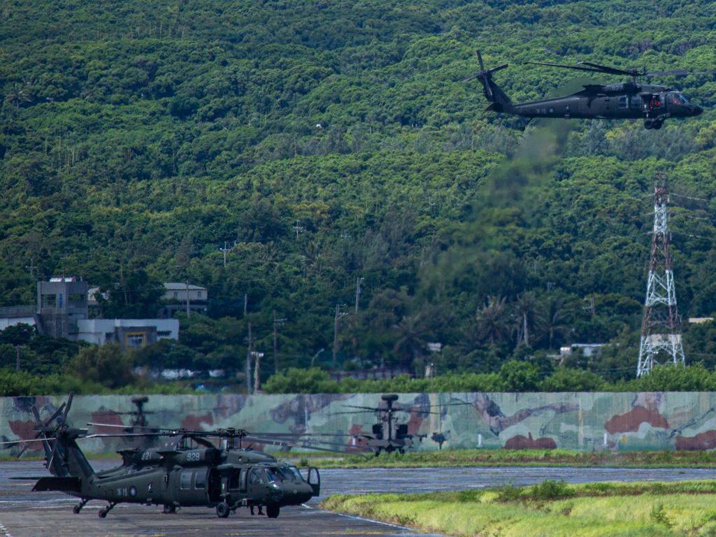 A Taiwanese military UH-60 black hawk helicopter takes off during a live-fire drill on August 09, 2022 in Pingtung, Taiwan.