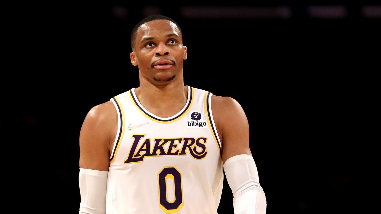 LOS ANGELES, CALIFORNIA - JANUARY 02: Russell Westbrook #0 of the Los Angeles Lakers looks on during the first quarter against the Minnesota Timberwolves at Crypto.com Arena on January 02, 2022 in Los Angeles, California. NOTE TO USER: User expressly acknowledges and agrees that, by downloading and or using this photograph, User is consenting to the terms and conditions of the Getty Images License Agreement. Katelyn Mulcahy/Getty Images/AFP == FOR NEWSPAPERS, INTERNET, TELCOS &amp; TELEVISION USE ONLY ==