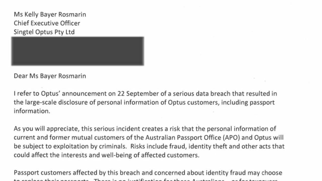 Letter sent to Optus by Foreign Minister Penny Wong.