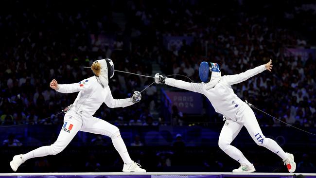 Auriane Mallo-Breton and Alberta Santuccio compete during the Women's Epee Team Gold Medal match. Picture: Getty Images