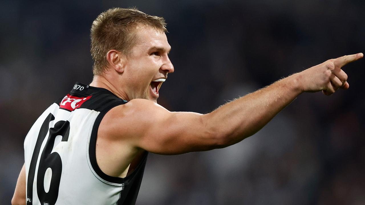 GEELONG, AUSTRALIA – MAY 10: Ollie Wines of the Power celebrates a goal during the 2024 AFL Round 09 match between the Geelong Cats and Port Adelaide Power at GMHBA Stadium on May 10, 2024 in Geelong, Australia. (Photo by Michael Willson/AFL Photos via Getty Images)